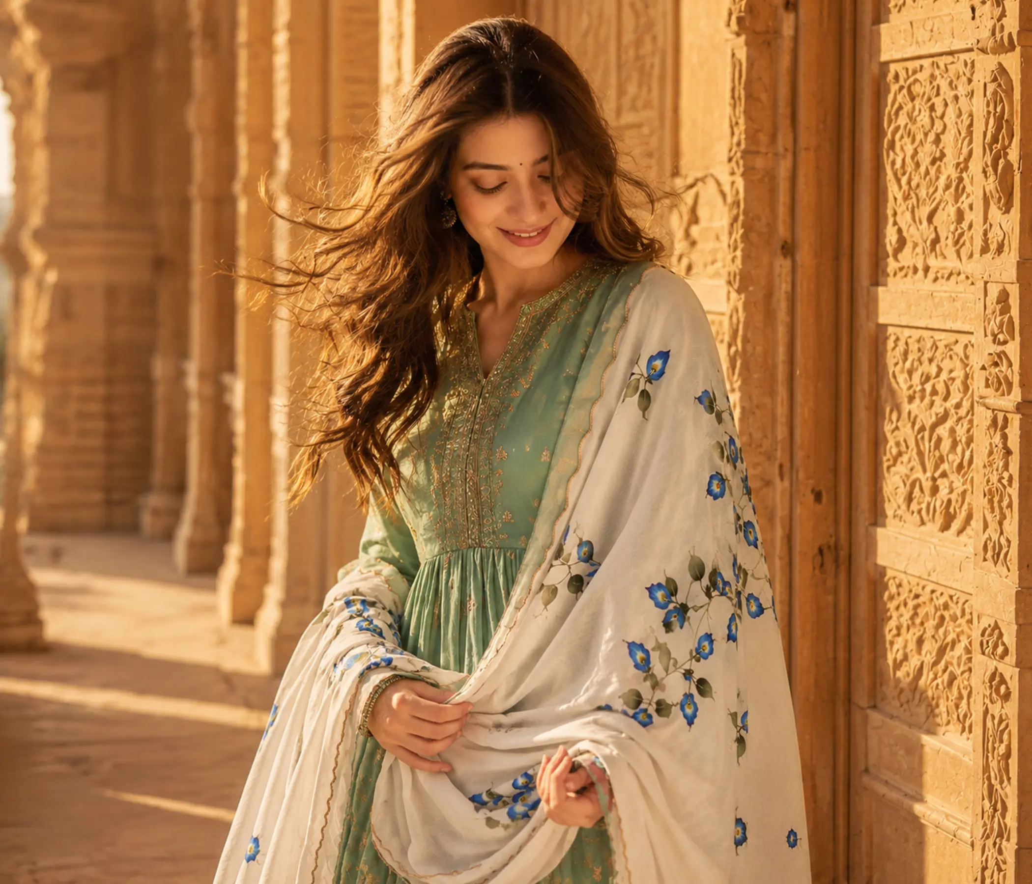 Beige Organza Handpainted Aparajita Dupatta